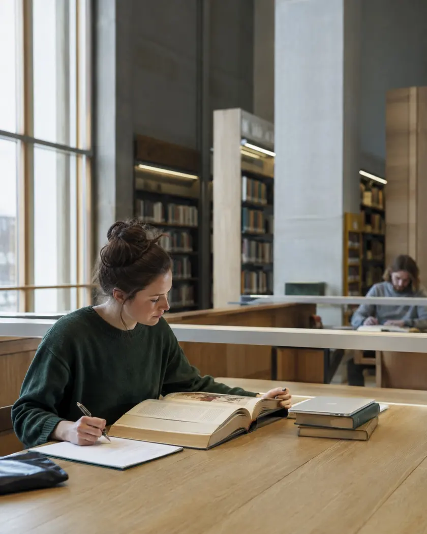 An adult learner reading and taking notes in a modern library