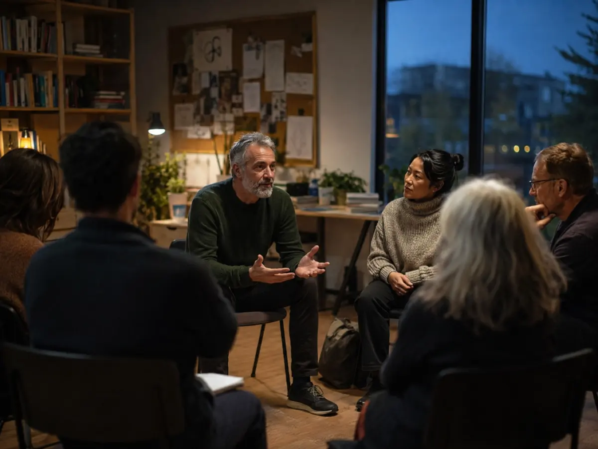 A mentor leading an evening seminar with adult learners